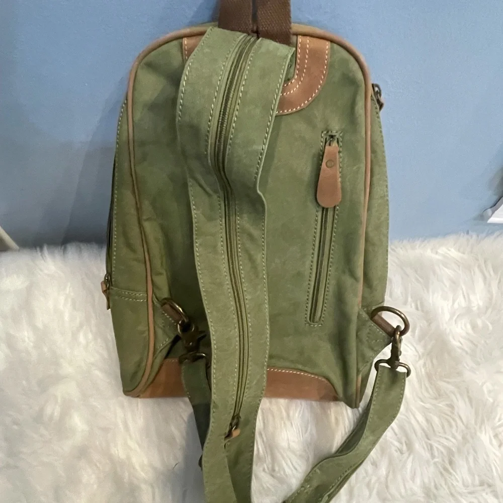 Vintage Yager Taiwan Green Brown Suede Multi Way Sling Backpack Crossbody Bag !
